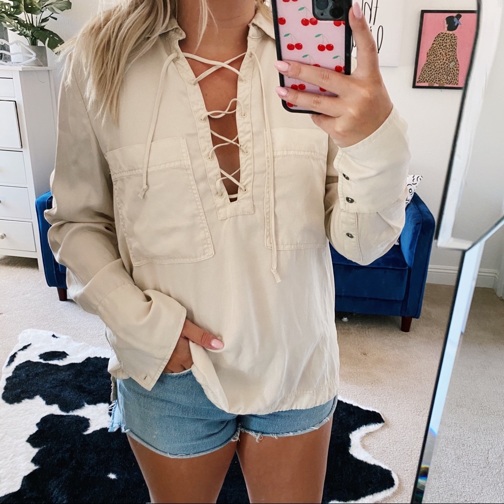 Free people cream beige NWT lace up tunic top